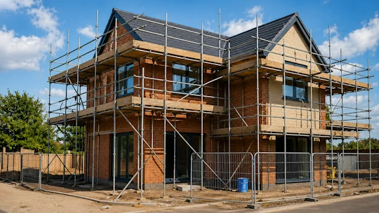A modern newly built house undergoing repairs